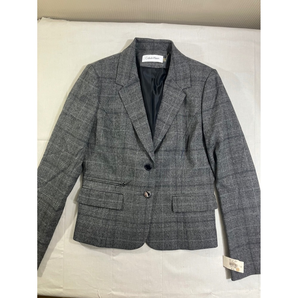 Calvin Klein Womens Gray Glen Plaid Two Button Blazer Jacket Size 4 S58JZ605 NEW